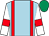 LIGHT BLUE, RED braces, WHITE sleeves, RED armlets, EMERALD GREEN cap (Kate & Andrew Brooks)